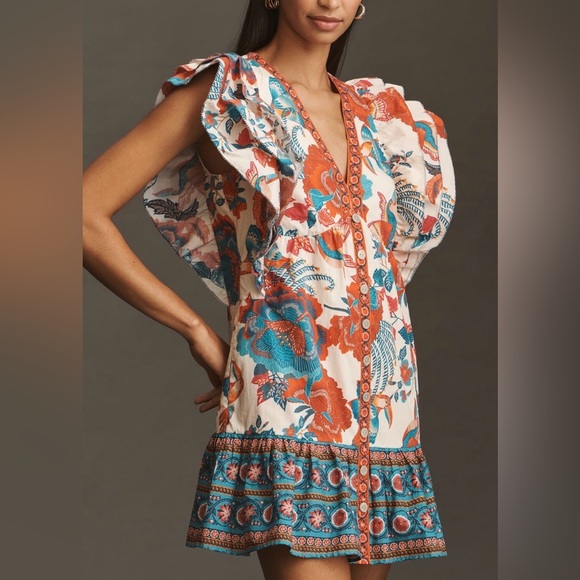 Farm Rio Ruffle-Sleeve Button Front Mini Dress - Picture 2 of 15